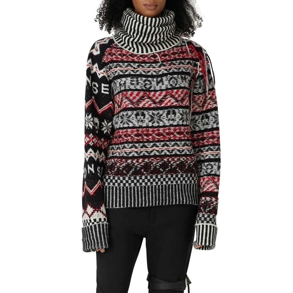 B72 Monse Fair Isle Turtleneck Sweater XL Red Black Skull Frayed Warm Wool